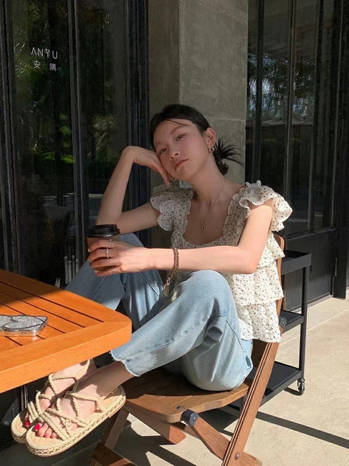 Floral Print Flounce Crop Tops